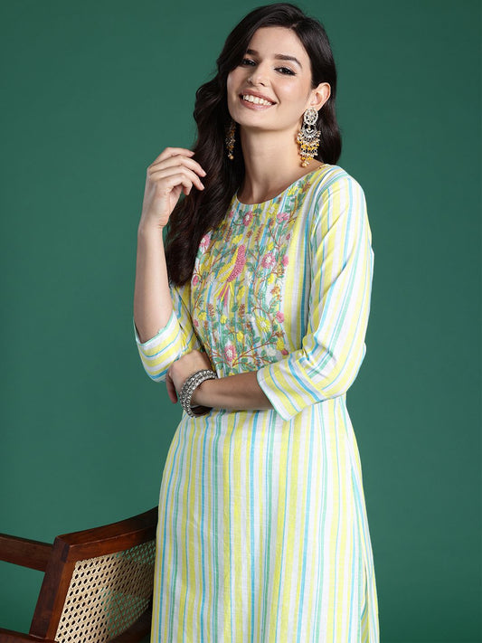 Dhiyona IE Women Striped Regular Thread Work Pure Cotton Kurta with Trousers