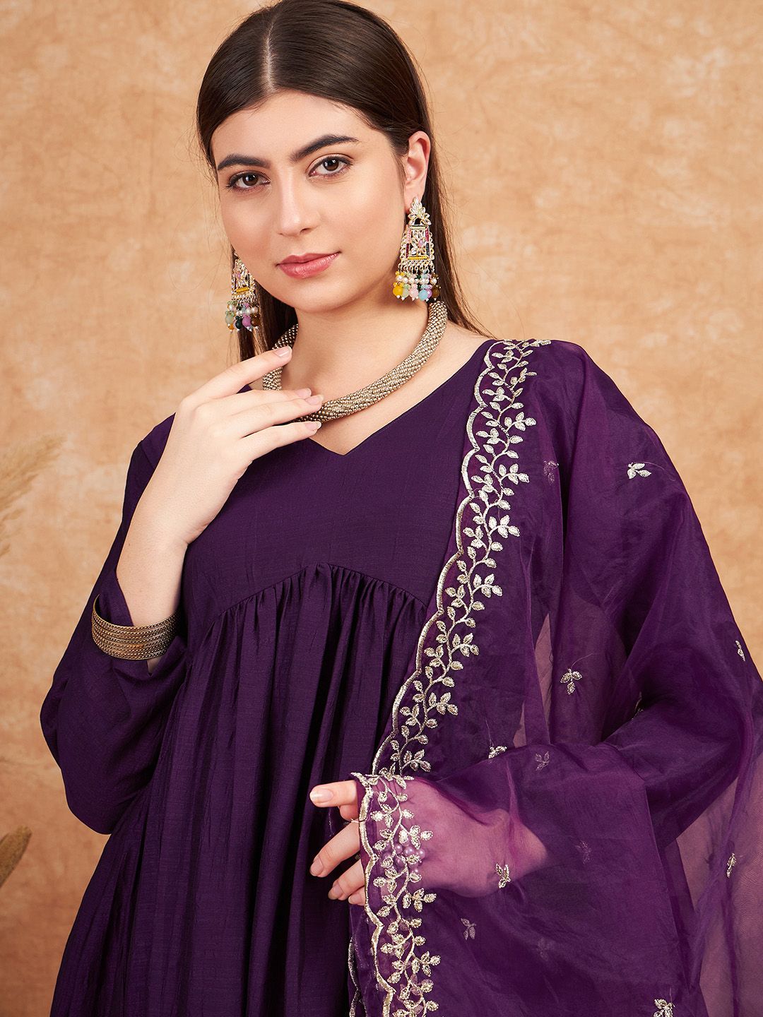 Dhiyona SN Women's Purple V- Neck Empire A-Line Kurta & Trousers With Dupatta