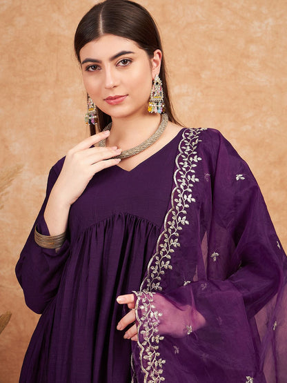 Dhiyona SN Women's Purple V- Neck Empire A-Line Kurta & Trousers With Dupatta