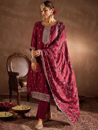 Floral Embroidered Sequinned Round Neck Straight Kurta With Trouser & Dupatta