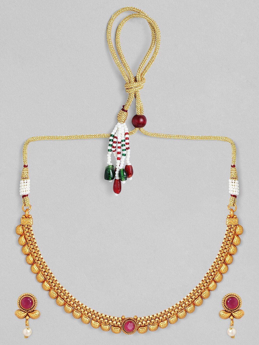 Dhiyona RJ Women's Gold-Plated Ruby Studded & Pearl Drops Handcrafted Jewellery Set