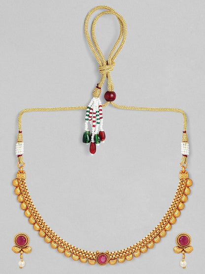 Dhiyona RJ Women's Gold-Plated Ruby Studded & Pearl Drops Handcrafted Jewellery Set