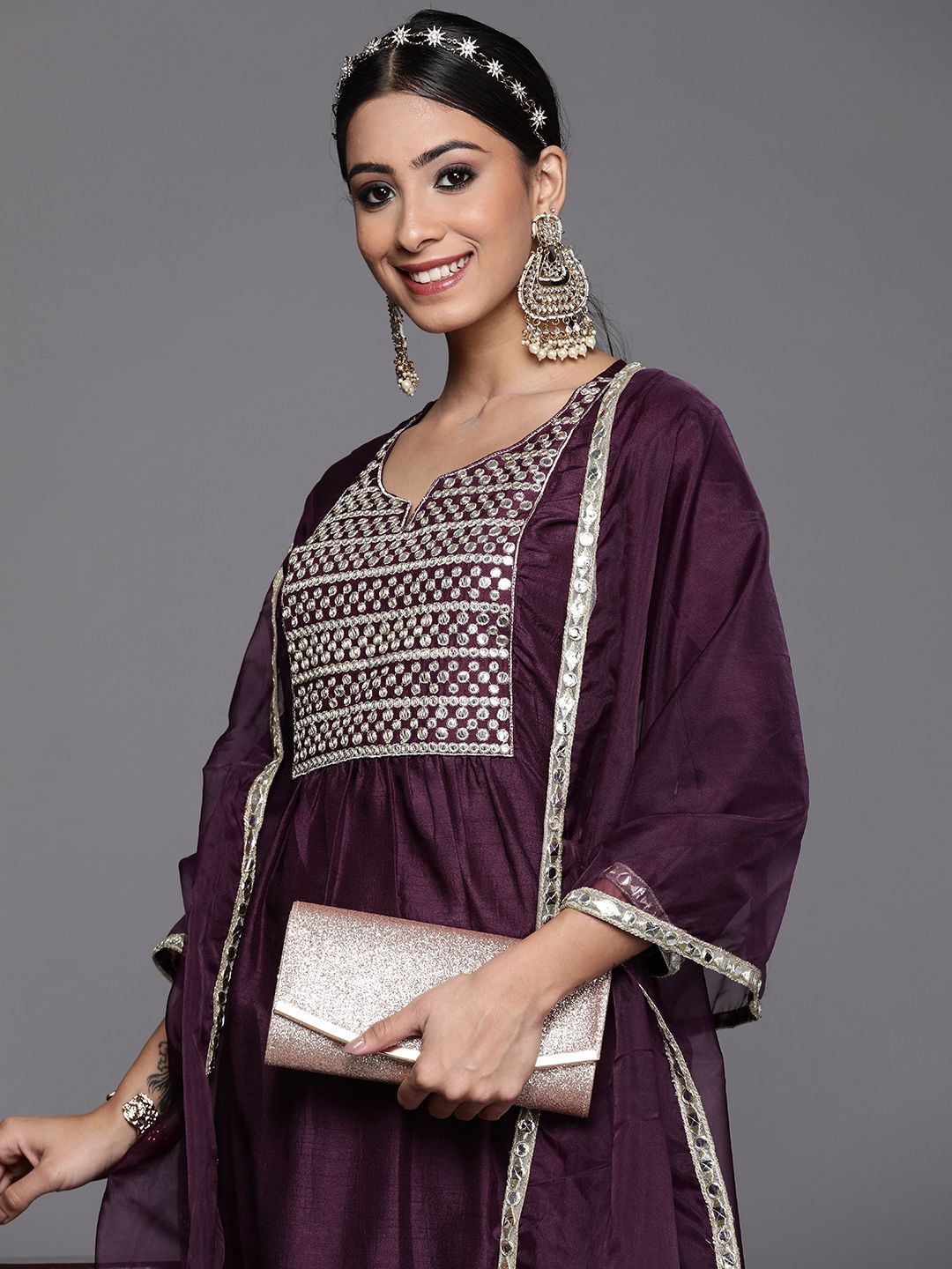 Dhiyona IE Women Purple Yoke Design Kurta with Trousers & Dupatta
