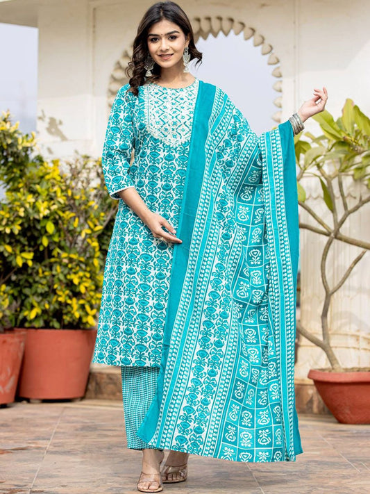 Dhiyona VA Women's Ethnic Motifs Printed Kurta with Mirror Work, Printed Trousers, and Dupatta