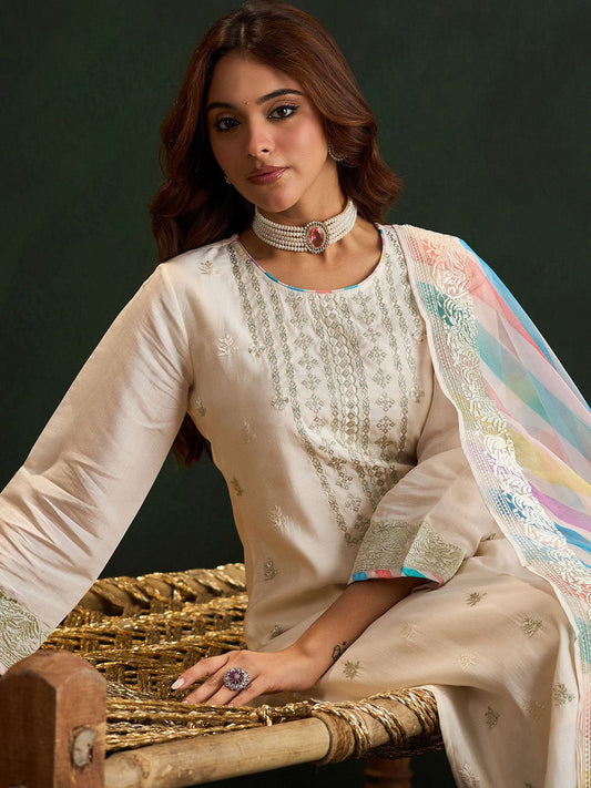 Women Ethnic Motifs Embroidered Regular Pure Cotton Kurta with Trousers & With Dupatta