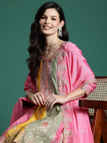 Dhiyona IE Ethnic Motifs Embroidered Panelled Sequinned Kurta With Palazzos & Dupatta