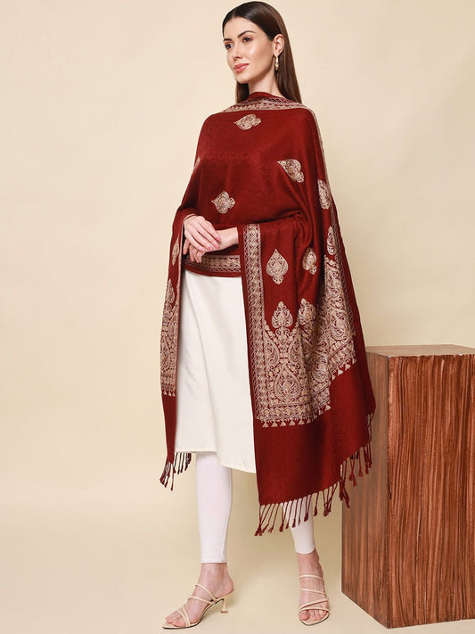 Dhiyona PA Women Wine Aari Embroidered Shawl