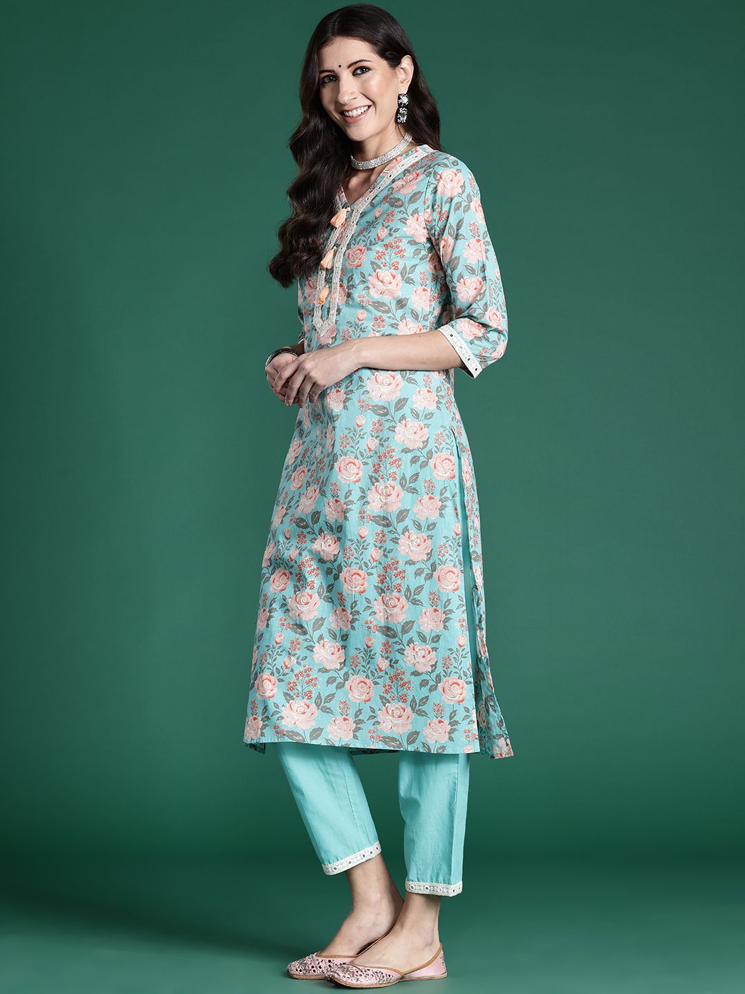 Dhiyona IE Women Floral Printed Regular Mirror Work Pure Cotton Kurta with Trousers & With Dupatta