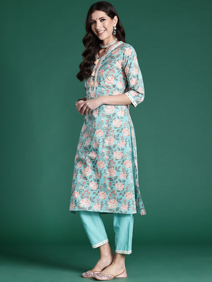 Dhiyona IE Women Floral Printed Regular Mirror Work Pure Cotton Kurta with Trousers & With Dupatta