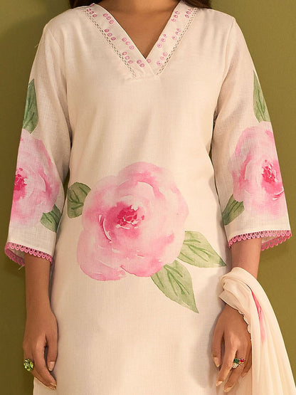 Dhiyona IE Floral Printed V-Neck Straight Sequinned Linen Kurta With Trousers And Dupatta