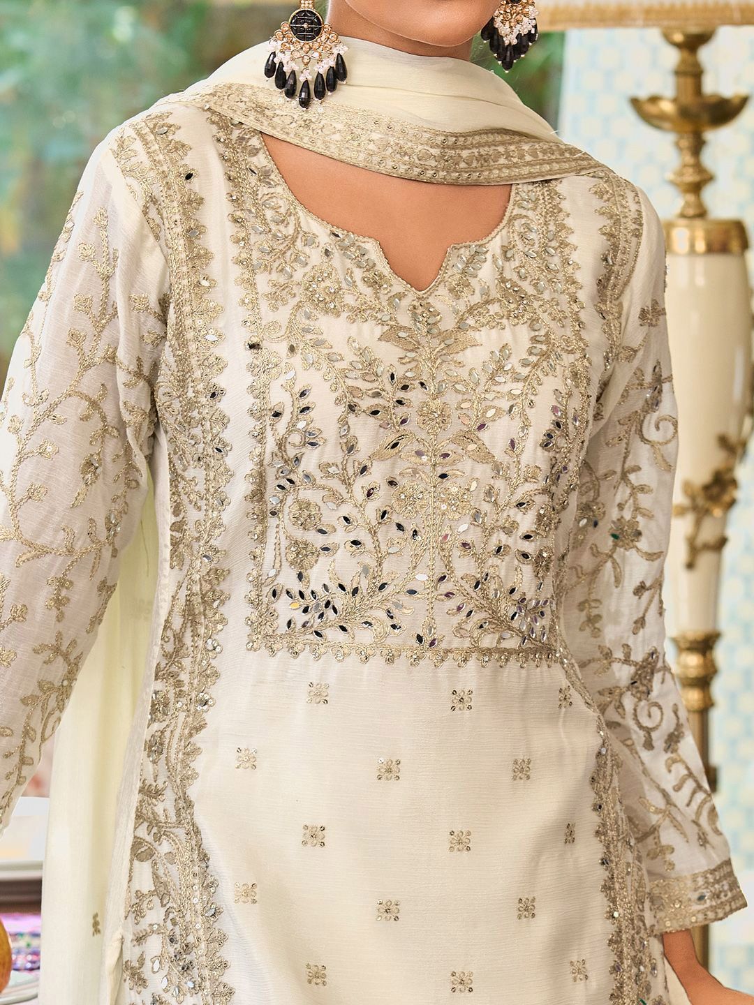 Dhiyona IE Floral Embroidered Notch Neck Mirror Work Straight Kurta With Palazzos & Dupatta