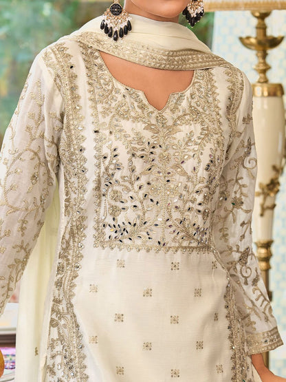 Dhiyona IE Floral Embroidered Notch Neck Mirror Work Straight Kurta With Palazzos & Dupatta