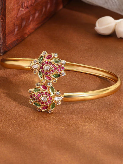 Dhiyona RJ Women's 18K Gold-Plated Ruby Pink, Green & White Kundan Studded Openable Bangle