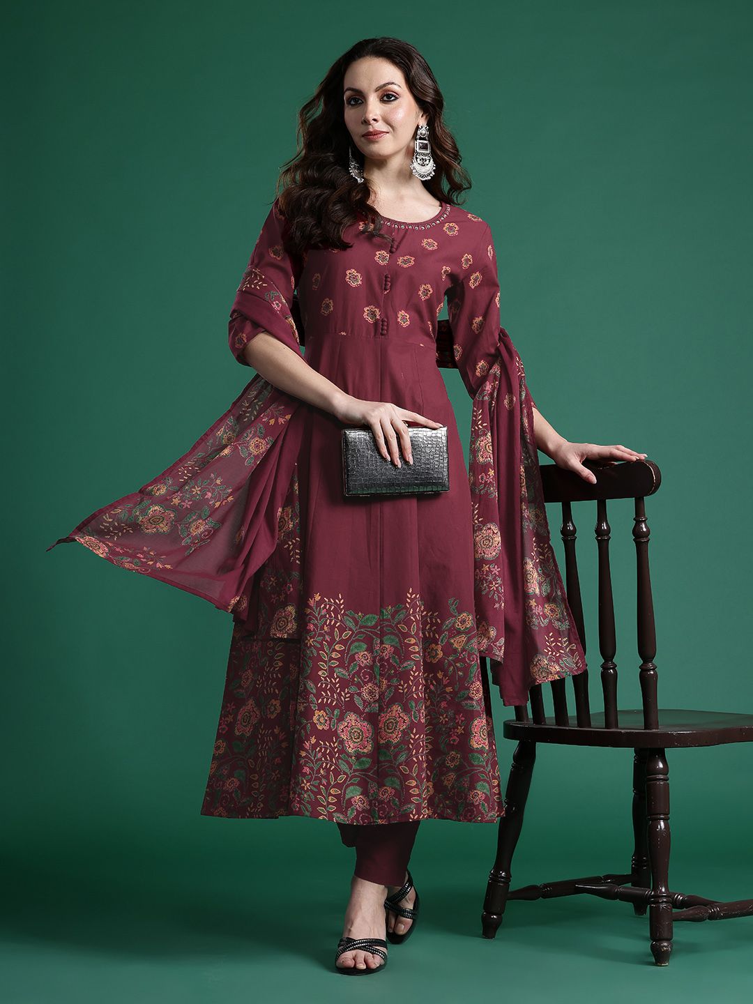 Dhiyona IE Floral Printed Pure Cotton Kurta with Trousers & Dupatta