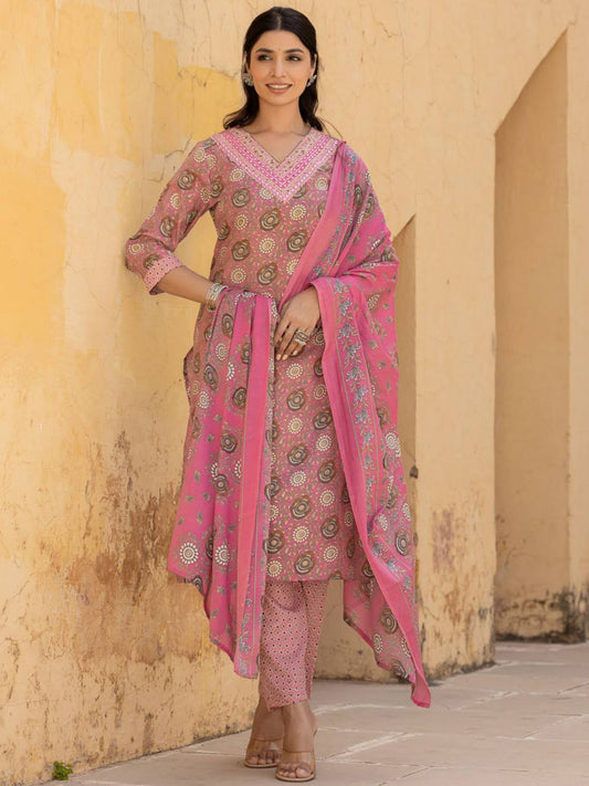 Dhiyona VA Women's Floral Embroidered Regular Mirror Work Kurta with Trousers & With Dupatta
