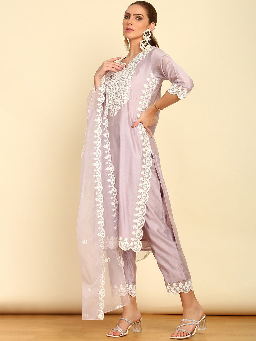 Dhiyona SO Women's Ethnic Motifs Yoke Design Thread Work Kurta with Trousers & Dupatta