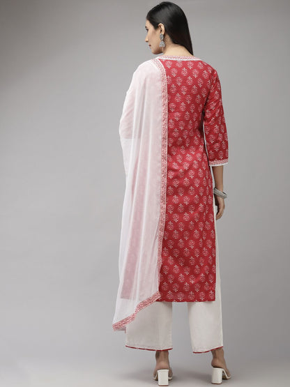 Women Red & White Ethnic Motifs Printed Kurta with Palazzos & With Dupatta