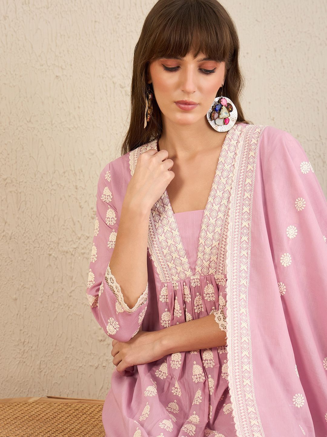 Dhiyona IE Floral Embroidered Pleated Pure Cotton A-Line Kurta With Trousers & Dupatta