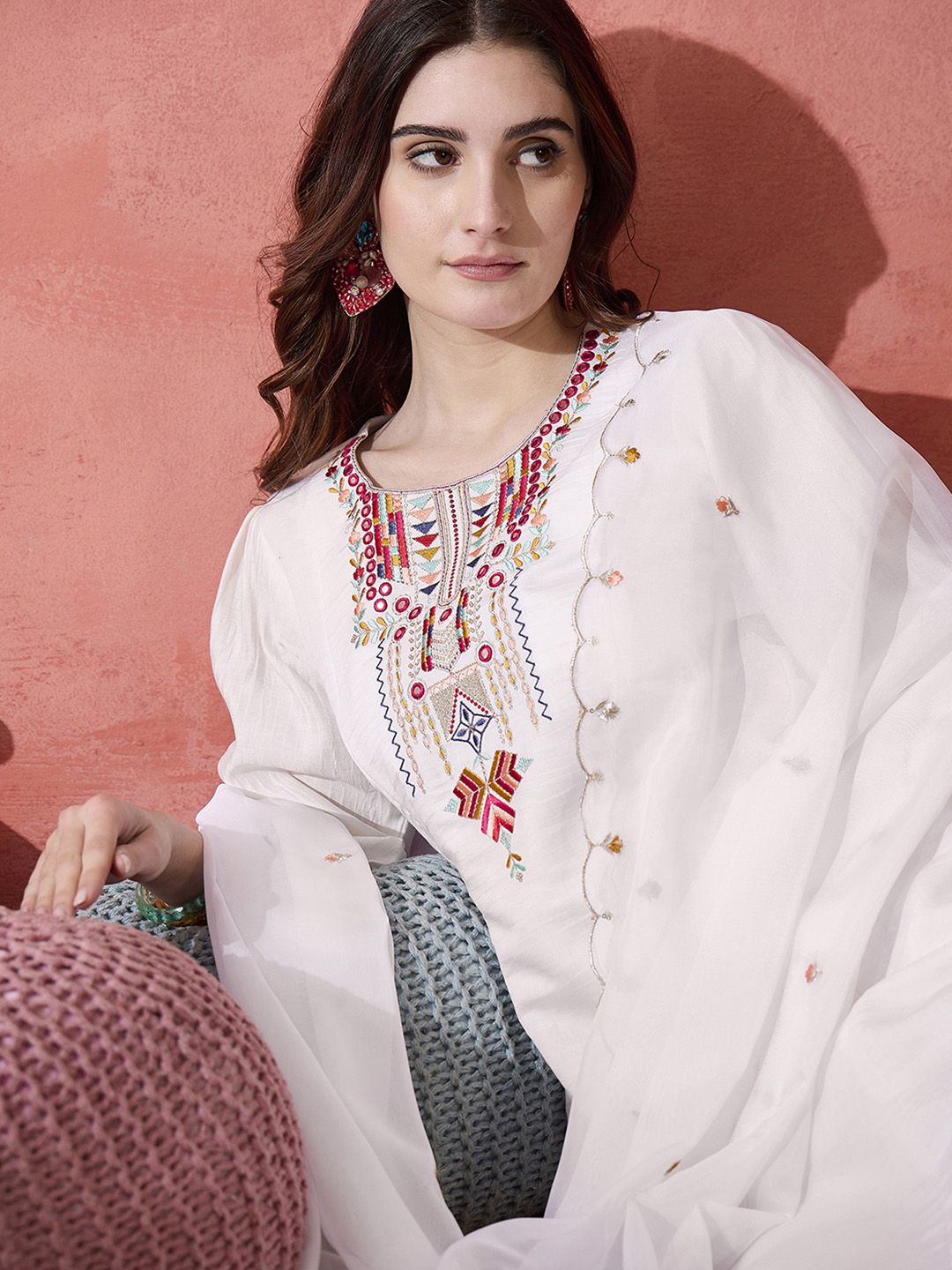 Dhiyona SN Women's White Thread Work Round Neck A-Line Kurta With Trousers And Dupatta
