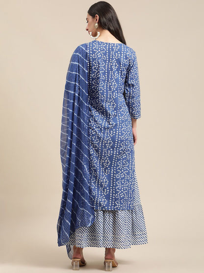 Dhiyona VA Women'sBlue And White Zari Embroidery Leheriya Kurta Sharara Set With Leheriya Dupatta