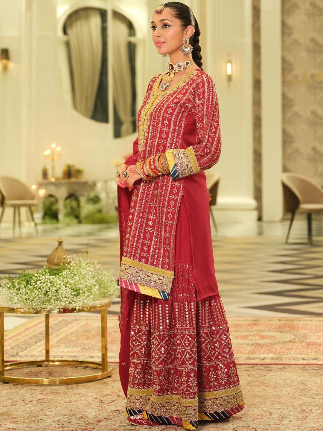 Dhiyona IE Ethnic Motifs Embroidered Straight Sequinned Kurta With Sharara & Dupatta