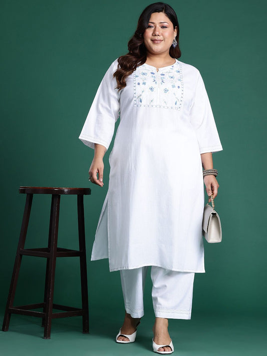 Dhiyona IE Plus Size Floral Embroidered Sequinned Pure Cotton Kurta with Trousers