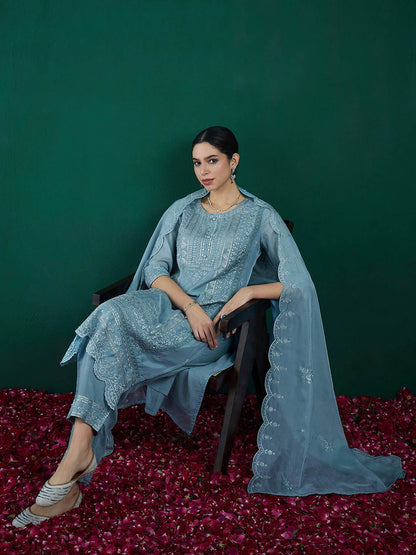 Ethnic Motifs Embroidered Regular Thread Work Kurta With Trousers & Dupatta