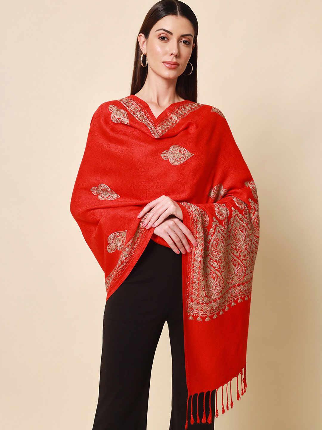 Dhiyona PA Women Maroon Aari Embroidered Kashmiri Shawl