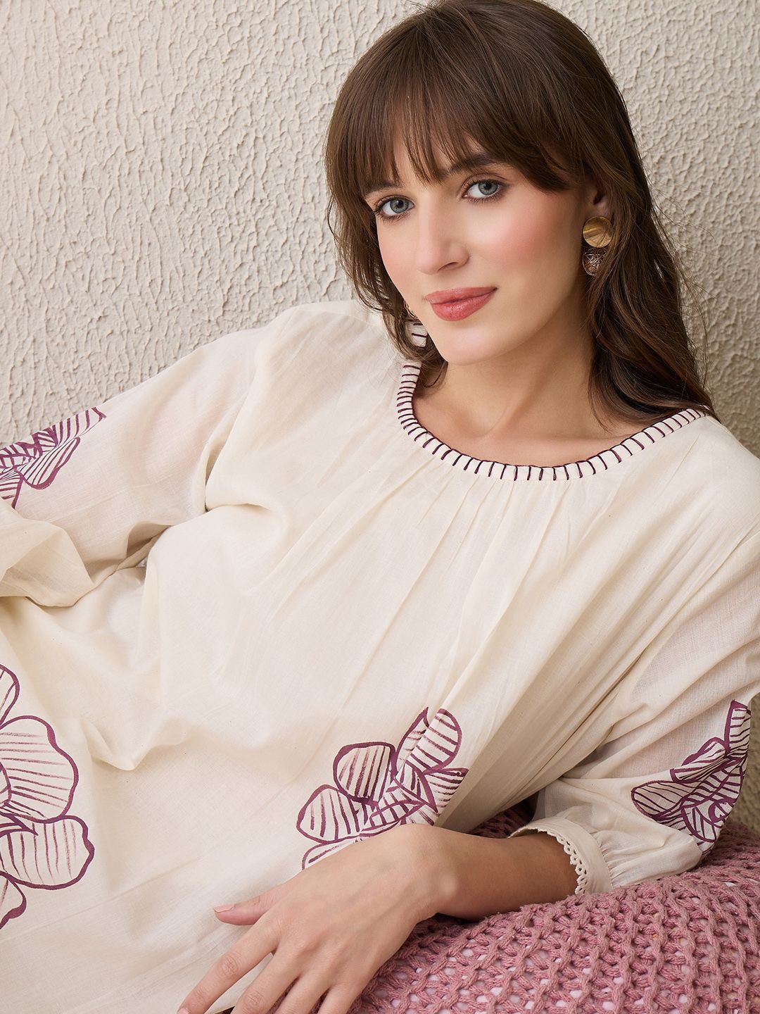 Floral Printed Pleated Round Neck Pure Cotton A-Line Kurta With Trousers