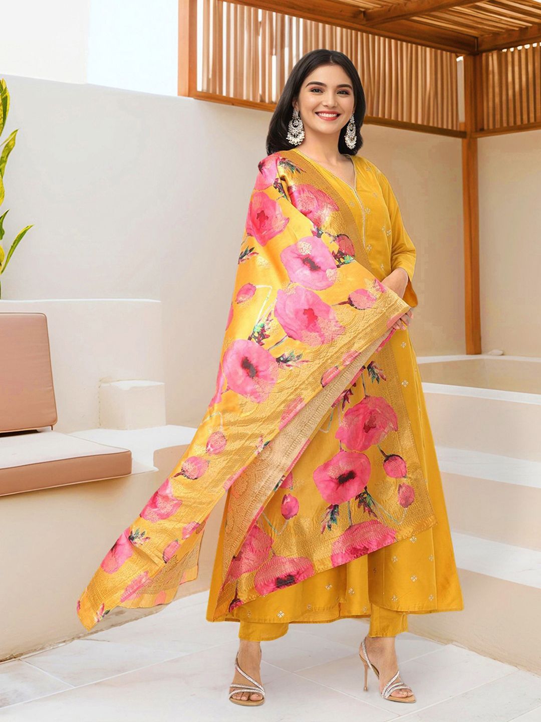 Dhiyona IS Women's Yellow Embroidered Sequinned Silk Crepe Anarkali Kurta With Trousers & Dupatta