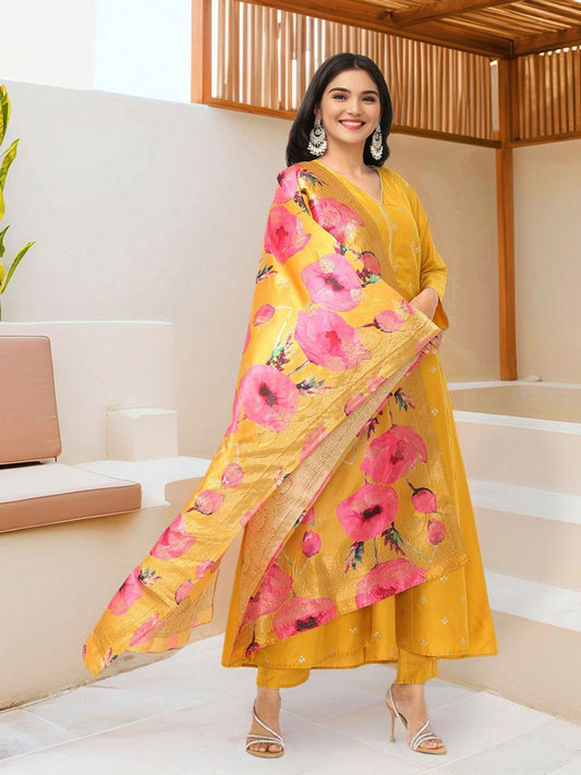 Dhiyona IS Women's Yellow Embroidered Sequinned Silk Crepe Anarkali Kurta With Trousers & Dupatta