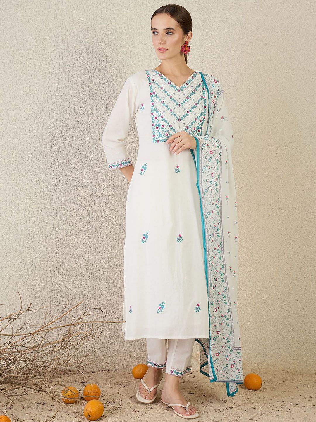 Women Floral Embroidered Cotton Kurta with Trousers & Dupatta