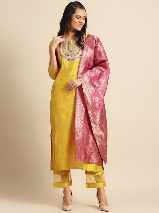 Dhiyona VA Women's Mustard Yellow & Pink Embroidered Kurta with Trousers & Dupatta