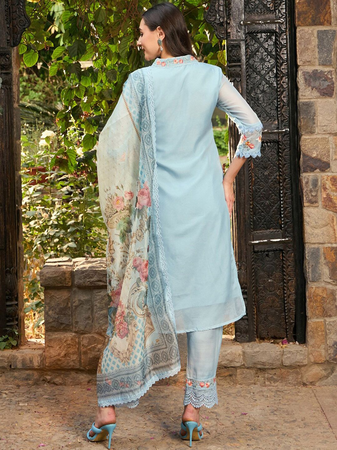 Blue Floral Embroidered Thread Work Straight Kurta With Trousers & Dupatta