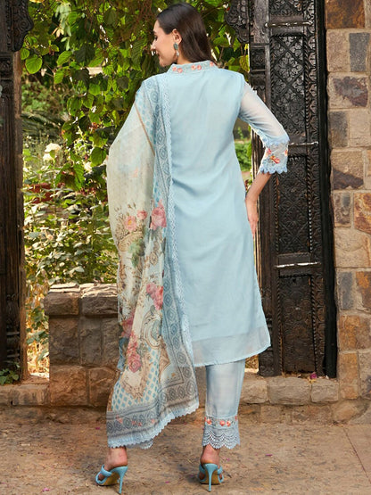 Blue Floral Embroidered Thread Work Straight Kurta With Trousers & Dupatta