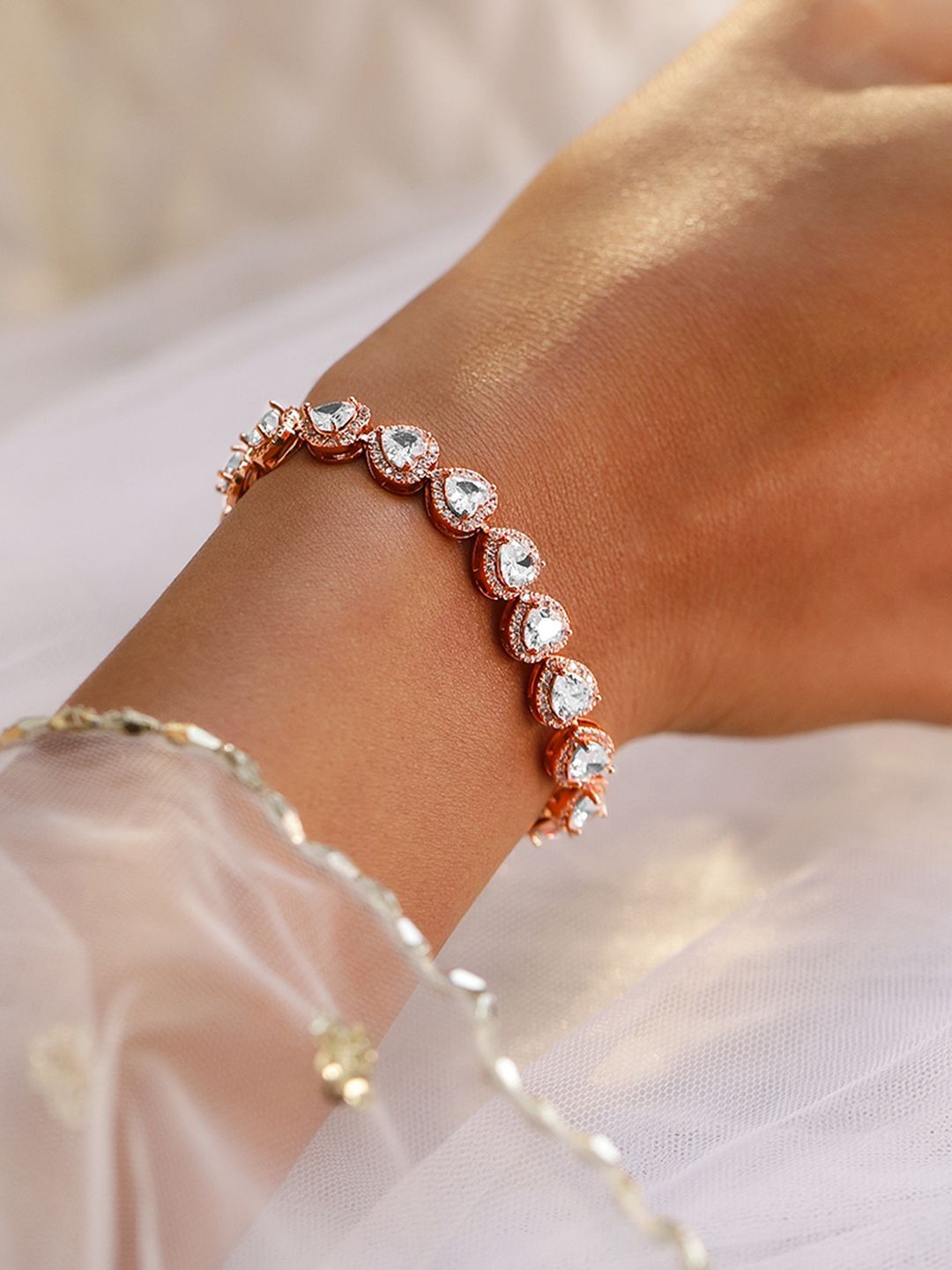 Dhiyona RJ Women's 18K Rose Gold Plated AAA Cubic Zirconia Studded Heart Tennis Bracelet