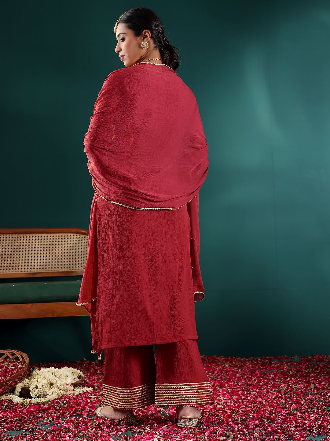 Dhiyona VA Women'sMaroon V-Neck Regular Gotta Patti Silk Crepe Kurta With Trouser With Dupatta