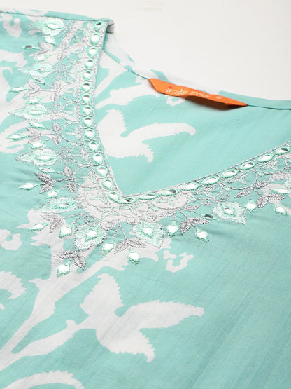 Dhiyona IE Floral Printed Mirror Work Pure Cotton Kurta With Trousers & Dupatta