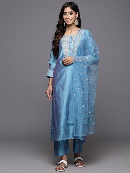 Dhiyona VA Women'sFloral Embroidered Chanderi Silk Kurta With Trousers & Dupatta