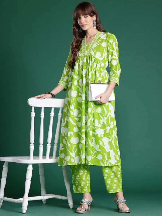 Dhiyona IE Floral Printed Empire Sequinned Pure Cotton Kurta with Trousers