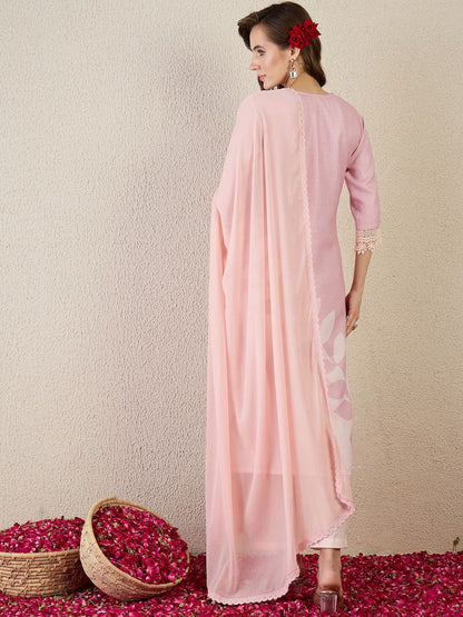 Floral Printed V Neck Straight Kurta With Trouser & Dupatta