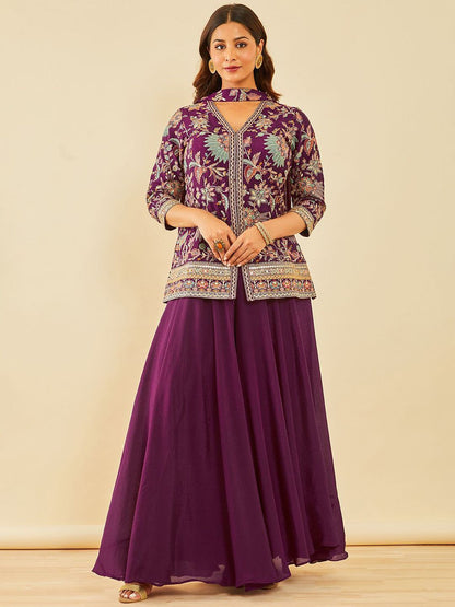 Dhiyona SO Women's Embroidered Regular Thread Work Straight Kurta with Sharara & With Dupatta