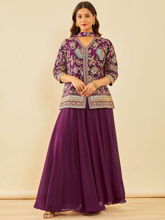 Dhiyona SO Women's Embroidered Regular Thread Work Straight Kurta with Sharara & With Dupatta