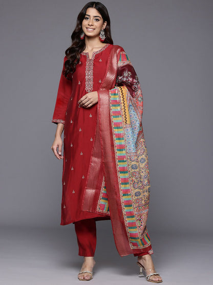 Dhiyona VA Women'sEthnic Motifs Zari Embroidered Mirror Work Kurta With Trousers & Dupatta