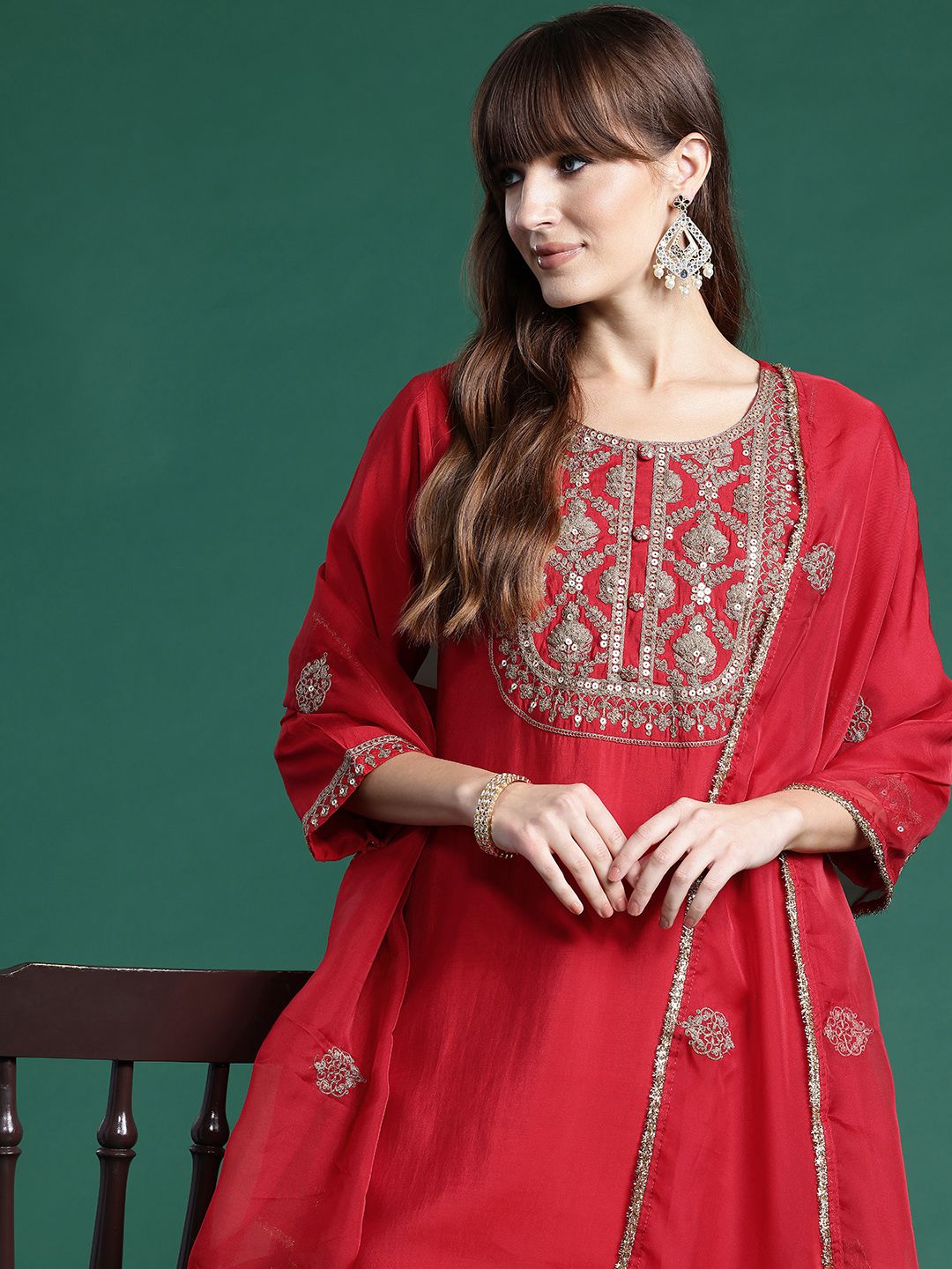 Dhiyona IE Ethnic Motifs Embroidered Liva Kurta With Trousers & Dupatta