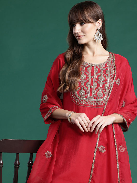 Dhiyona IE Ethnic Motifs Embroidered Liva Kurta With Trousers & Dupatta