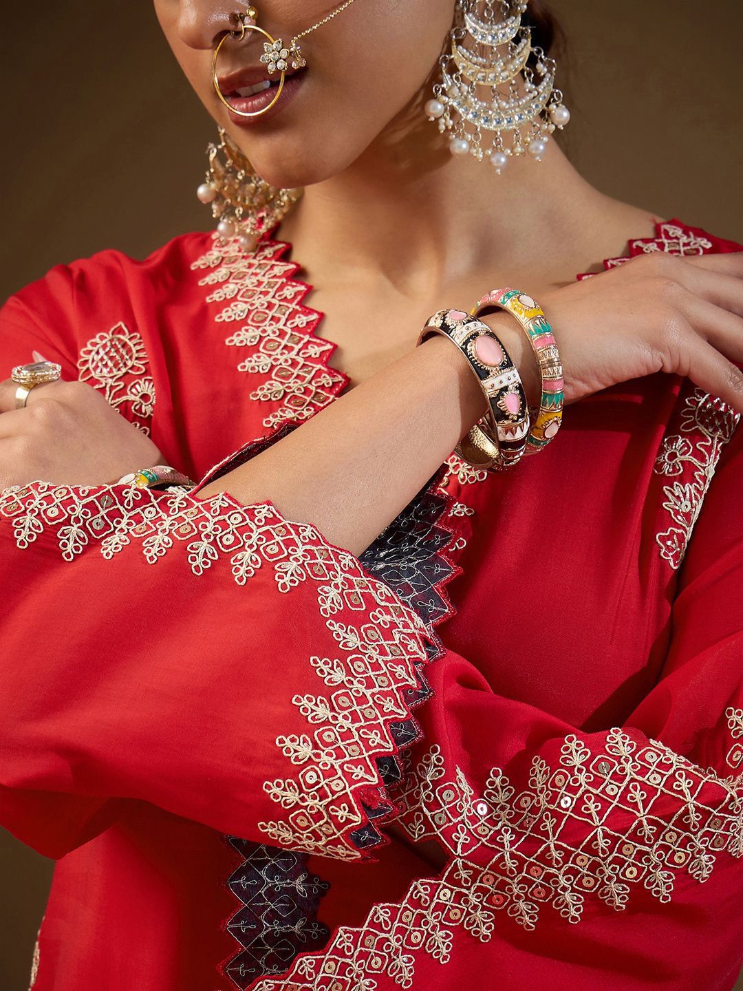 Women Ethnic Motifs Embroidered Regular Sequinned Kurta with Trousers