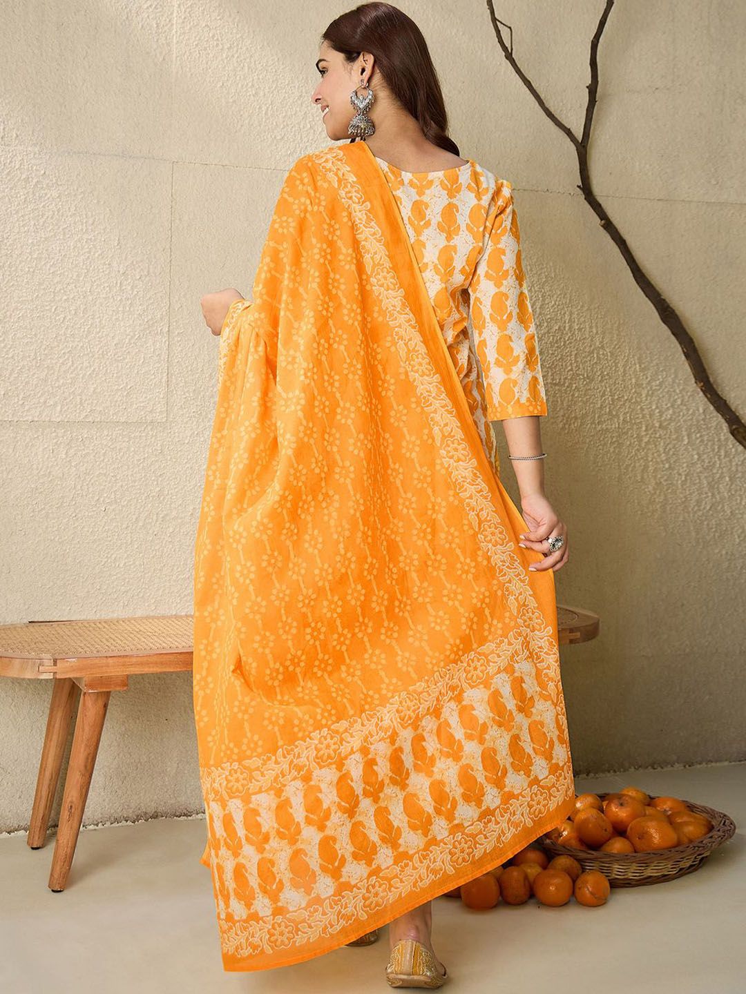 Dhiyona IE Paisley Printed V-Neck Pure Cotton Straight Kurta With Trousers And Dupatta
