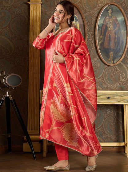 Dhiyona IE Floral Printed V-Neck Sequinned Straight Kurta With Trousers And Dupatta