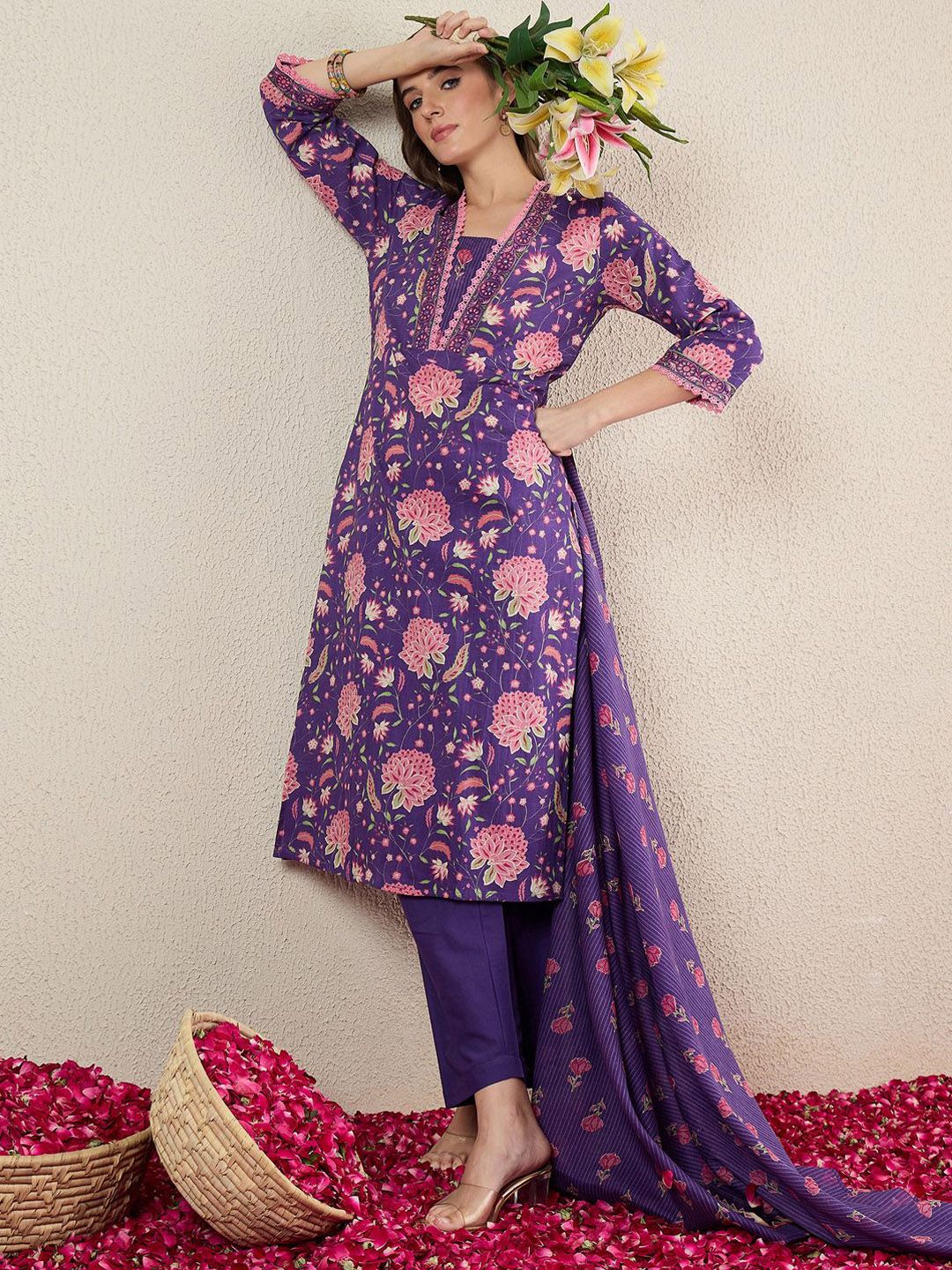 Dhiyona IE Women Floral Printed Cotton Kurta with Trousers & Dupatta